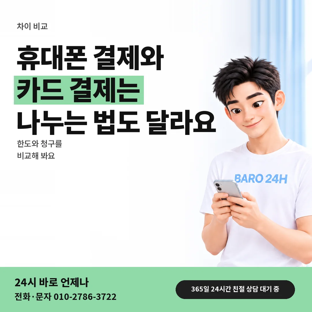 BARO 24H 티셔츠를 입은 3D 인물 옆에 「카드깡과 다른 매입」 제목을 얹은 안내 카드