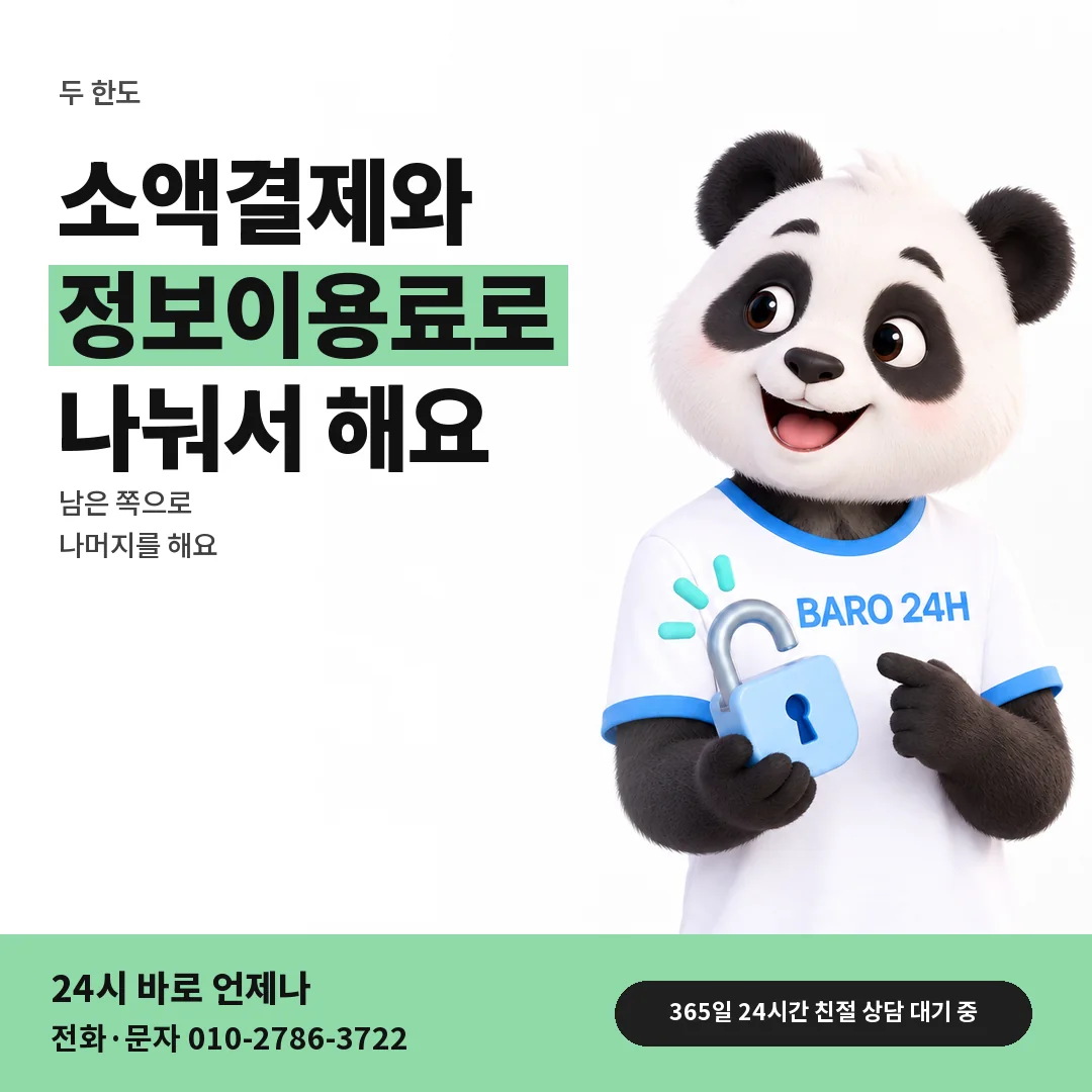 BARO 24H 티셔츠를 입은 3D 동물 캐릭터 옆에 「정보이용료 한도와 나누기」 제목을 얹은 안내 카드